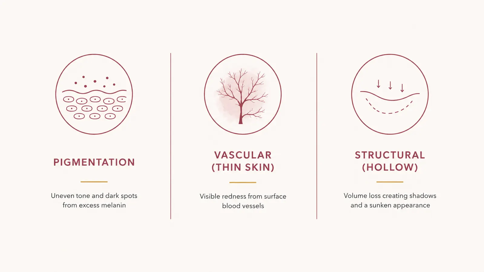 Simple diagram showing the three main causes of dark circles: pigmentation, vascular, and hollowing