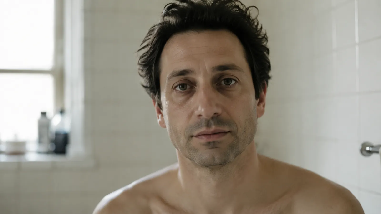 Close-up of a man's under-eye area with visible dark circles, soft morning bathroom lighting