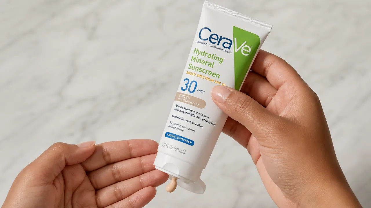 Hand holding CeraVe Tinted Mineral Sunscreen tube with fingers dispensing a small dollop of product