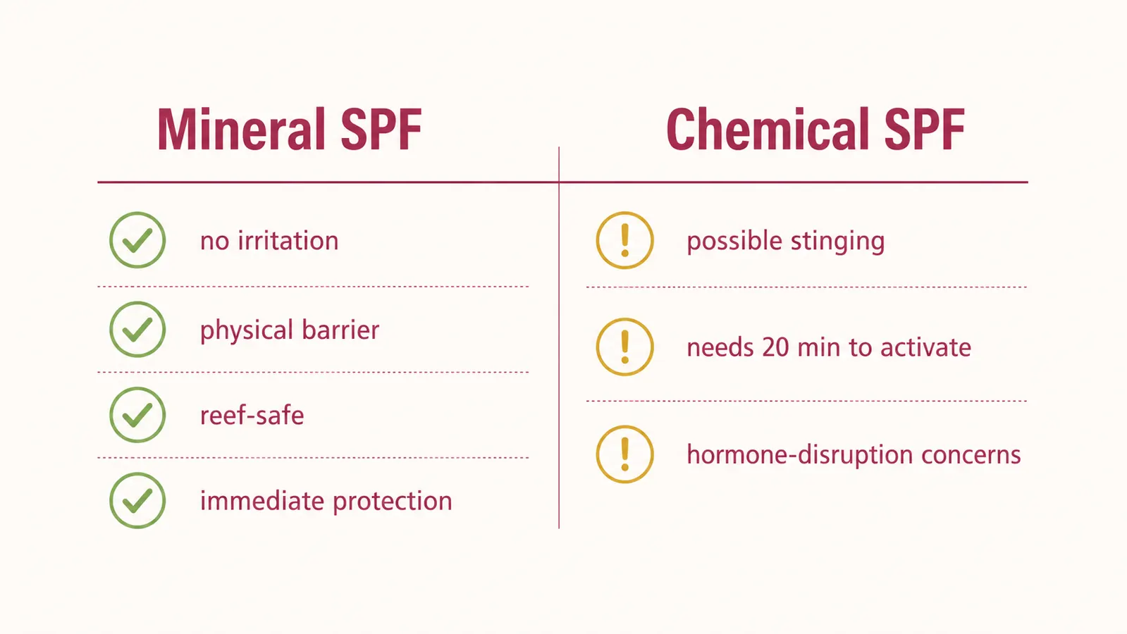 Side-by-side skin comparison chart showing calm skin versus irritated skin from chemical SPF