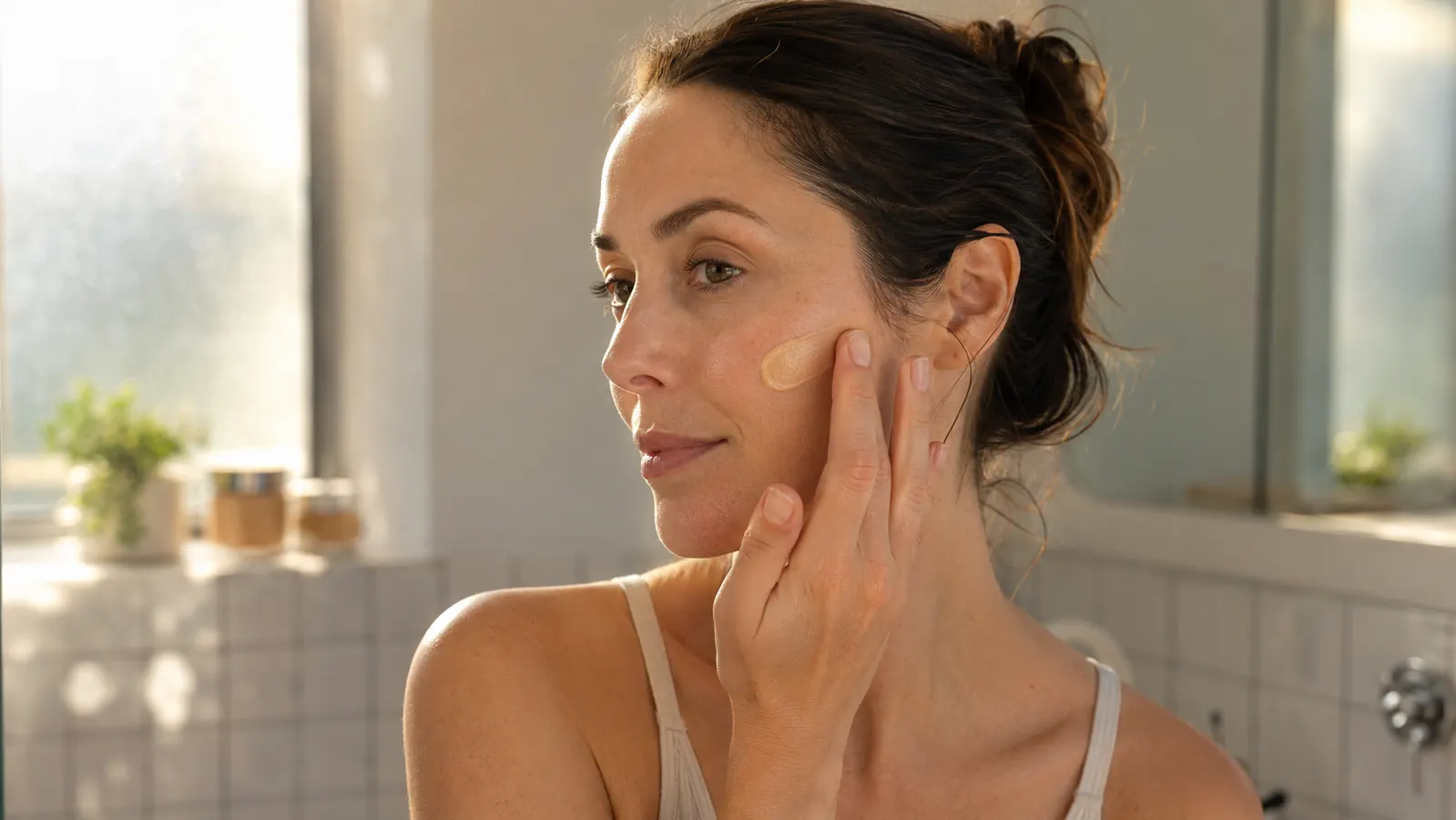 Person applying tinted mineral sunscreen on face in morning light near a bathroom mirror
