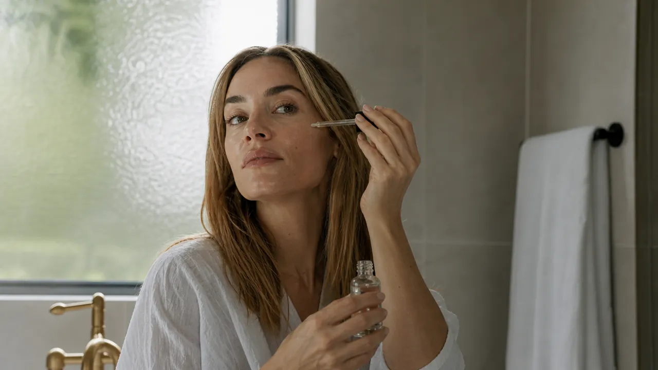 Glass dropper bottle of retinol serum on a marble bathroom counter next to a white towel, soft morning light