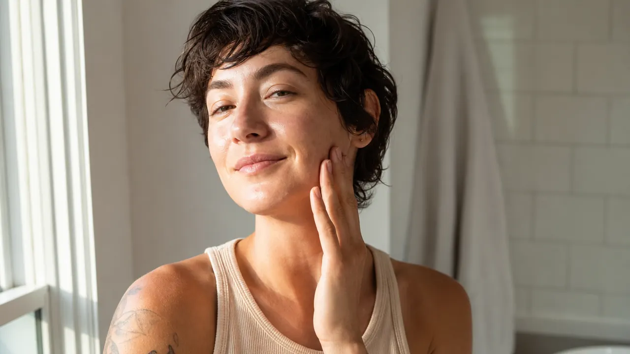 Person in morning sunlight with clear, glowing skin, applying serum in a relaxed bathroom setting