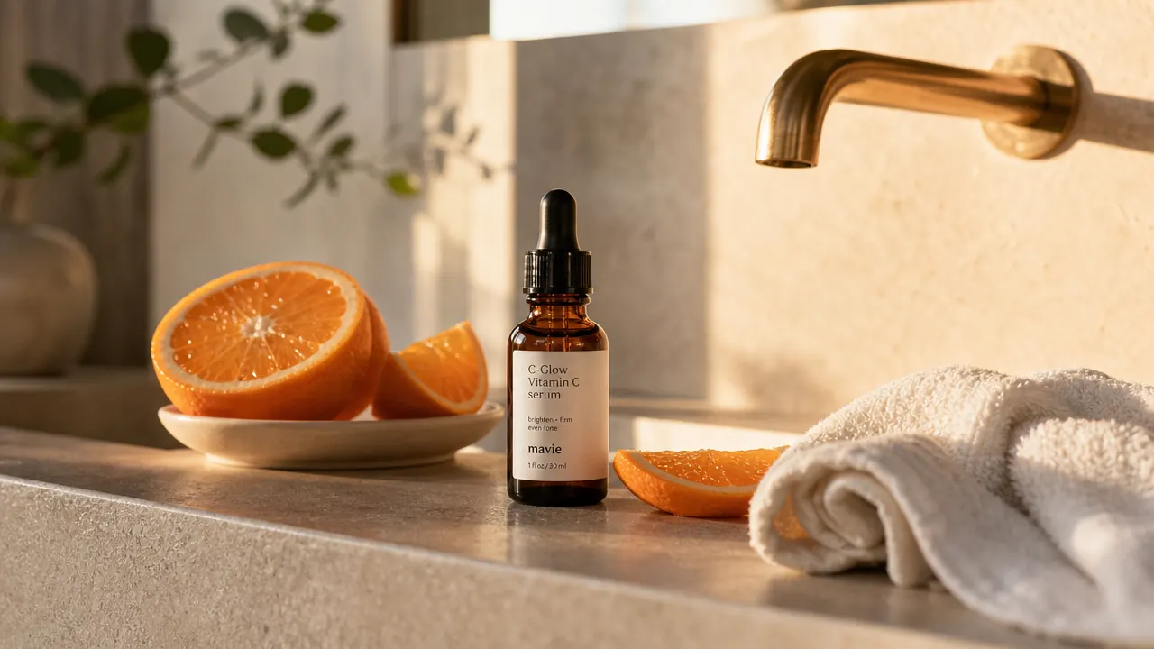 Dropper bottle of vitamin C serum on a bright bathroom counter next to fresh oranges and a hand towel
