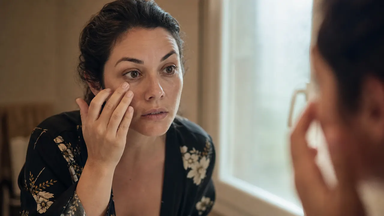 Woman in her mid-thirties looking at her reflection in a bathroom mirror, soft morning light, examining the area under her eyes