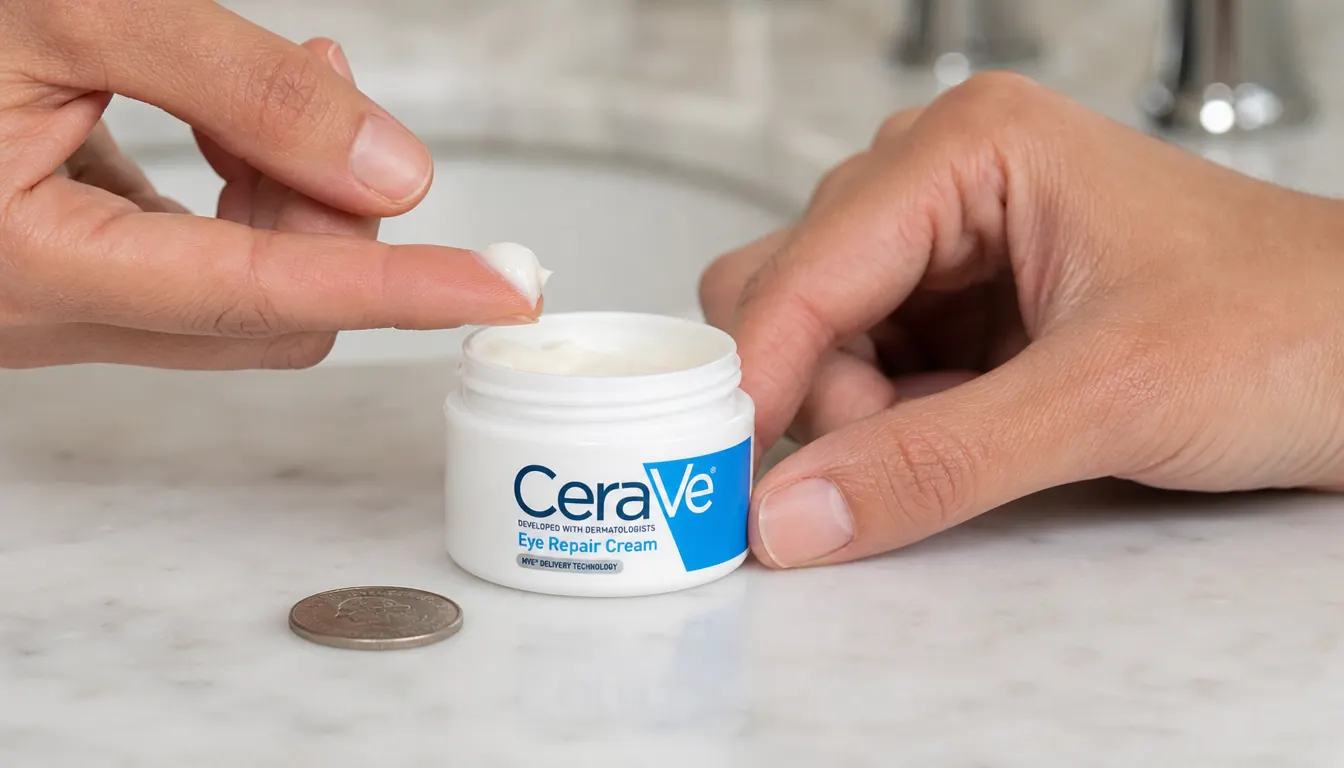 Small CeraVe Eye Repair Cream jar open on a white countertop next to a coin for size comparison