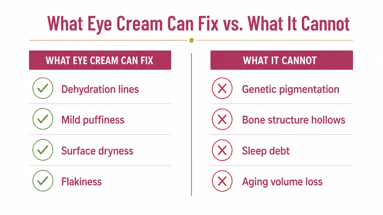 Chart comparing causes of dark circles: genetics versus dehydration, showing which eye creams can and cannot address