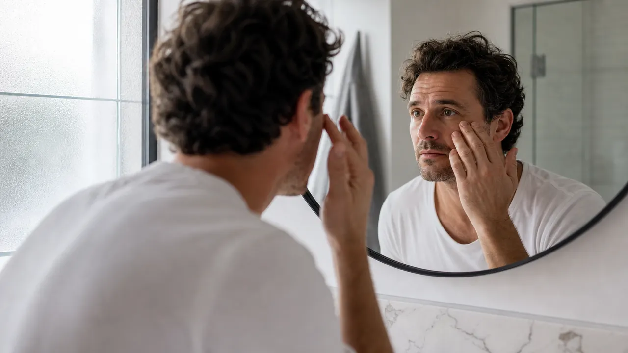 Man examining under-eye area in bathroom mirror with morning light coming through a frosted window