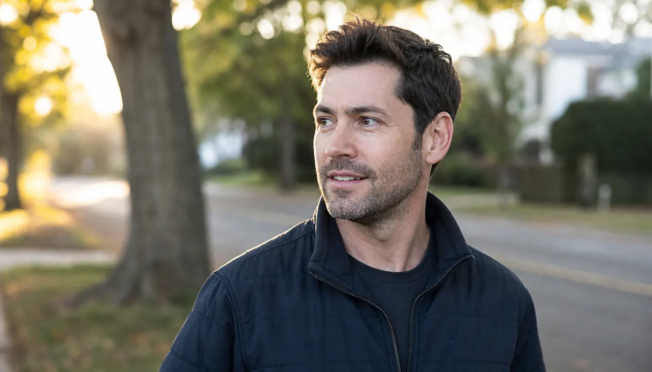 Man looking rested on a morning walk outdoors with sunlight on his face