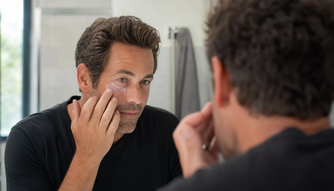 Man at bathroom mirror in morning light patting eye cream under his eyes