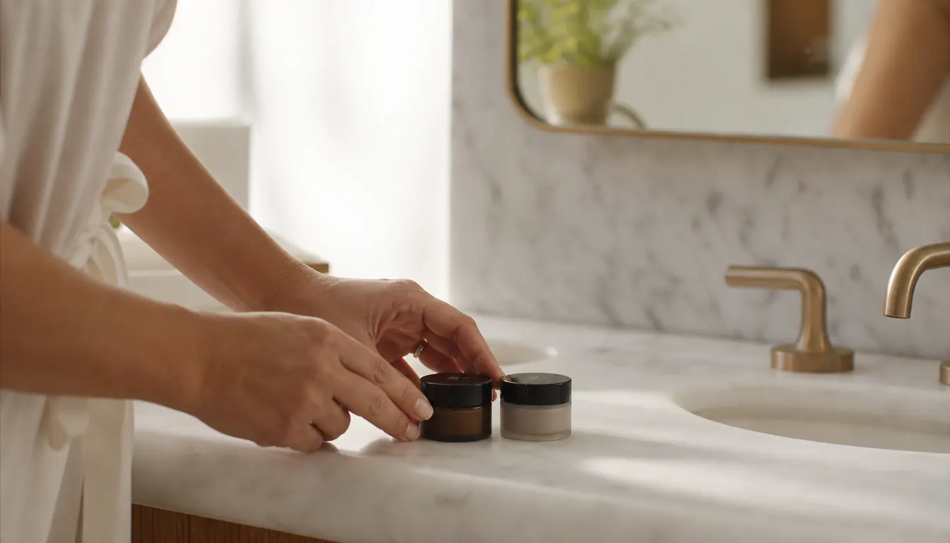 Two eye cream jars side by side on a white marble bathroom shelf under soft morning light