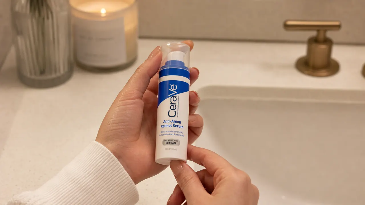 Hand holding a small white and teal CeraVe retinol serum bottle next to a bathroom sink at night