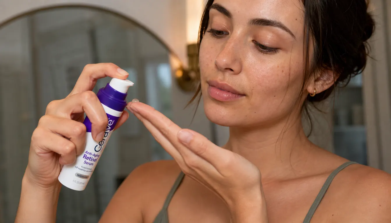 Woman applying a small amount of serum to her fingertip before applying to her face