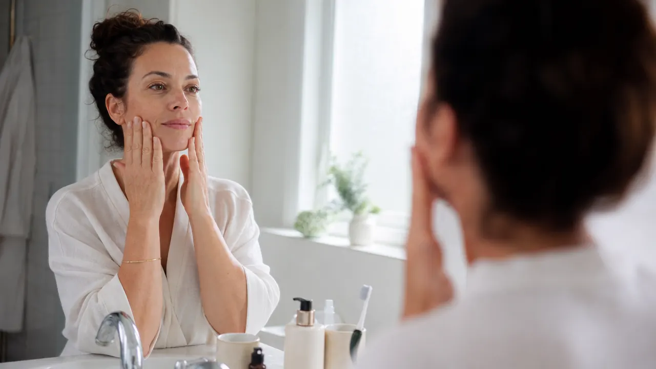 Woman in her 40s looking at her reflection in a bathroom mirror with morning light coming through a frosted window