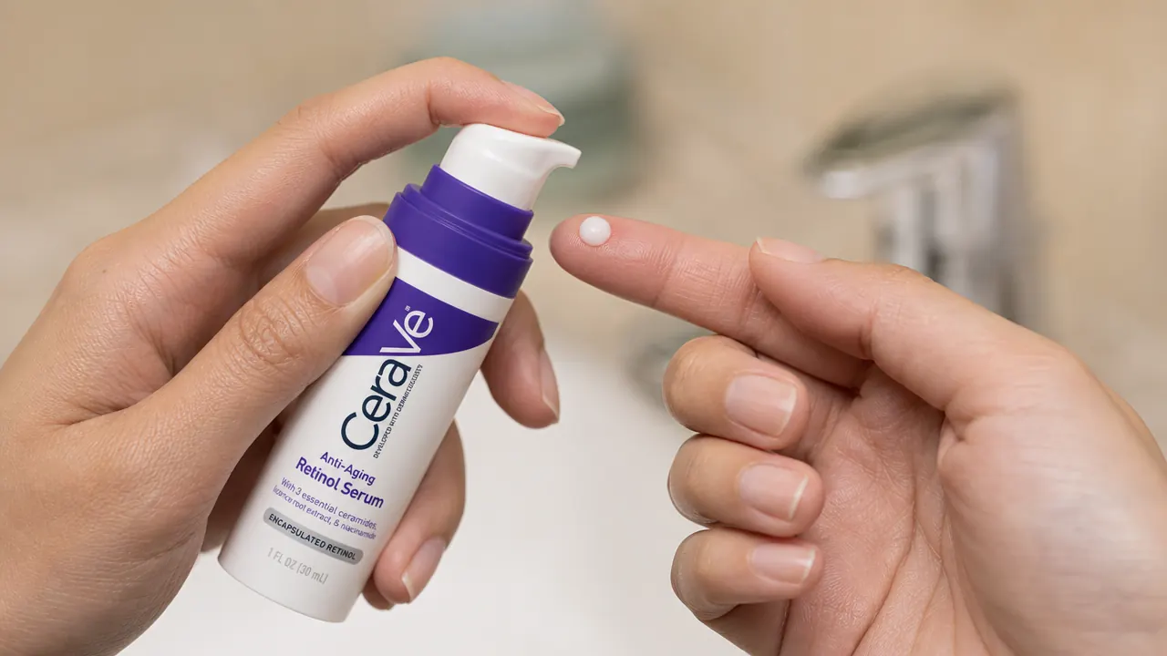 Hand dispensing a small drop of CeraVe Retinol Serum onto a fingertip over a bathroom sink