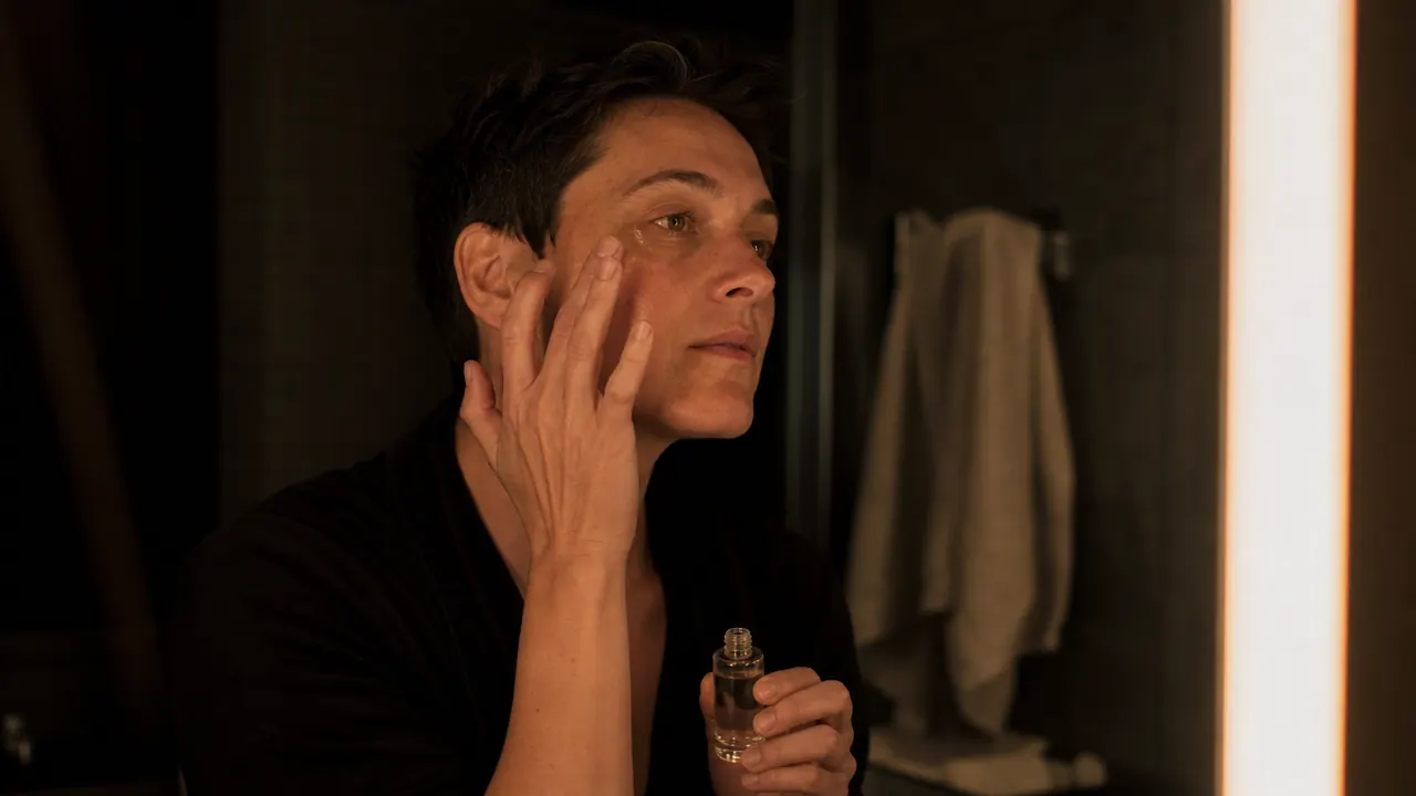 Person applying facial serum at night with a softly lit bathroom mirror in the background