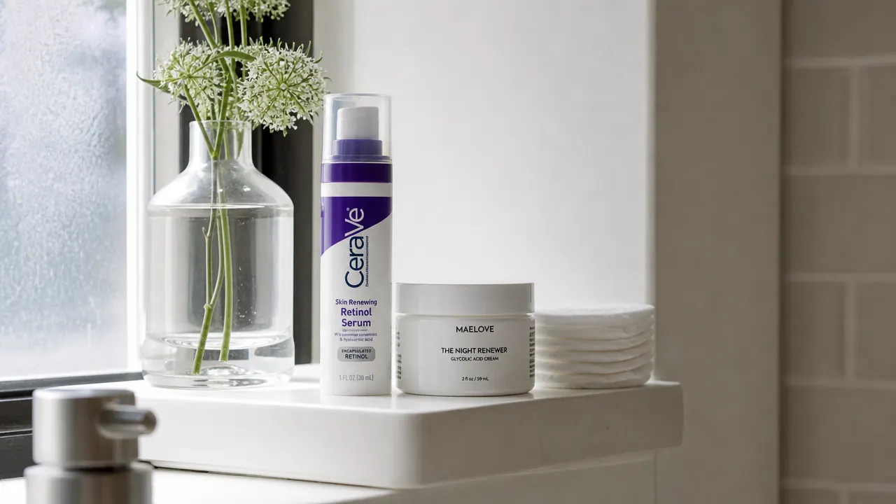 CeraVe Retinol Serum bottle on a bathroom shelf next to a moisturizer and cotton rounds, soft morning light