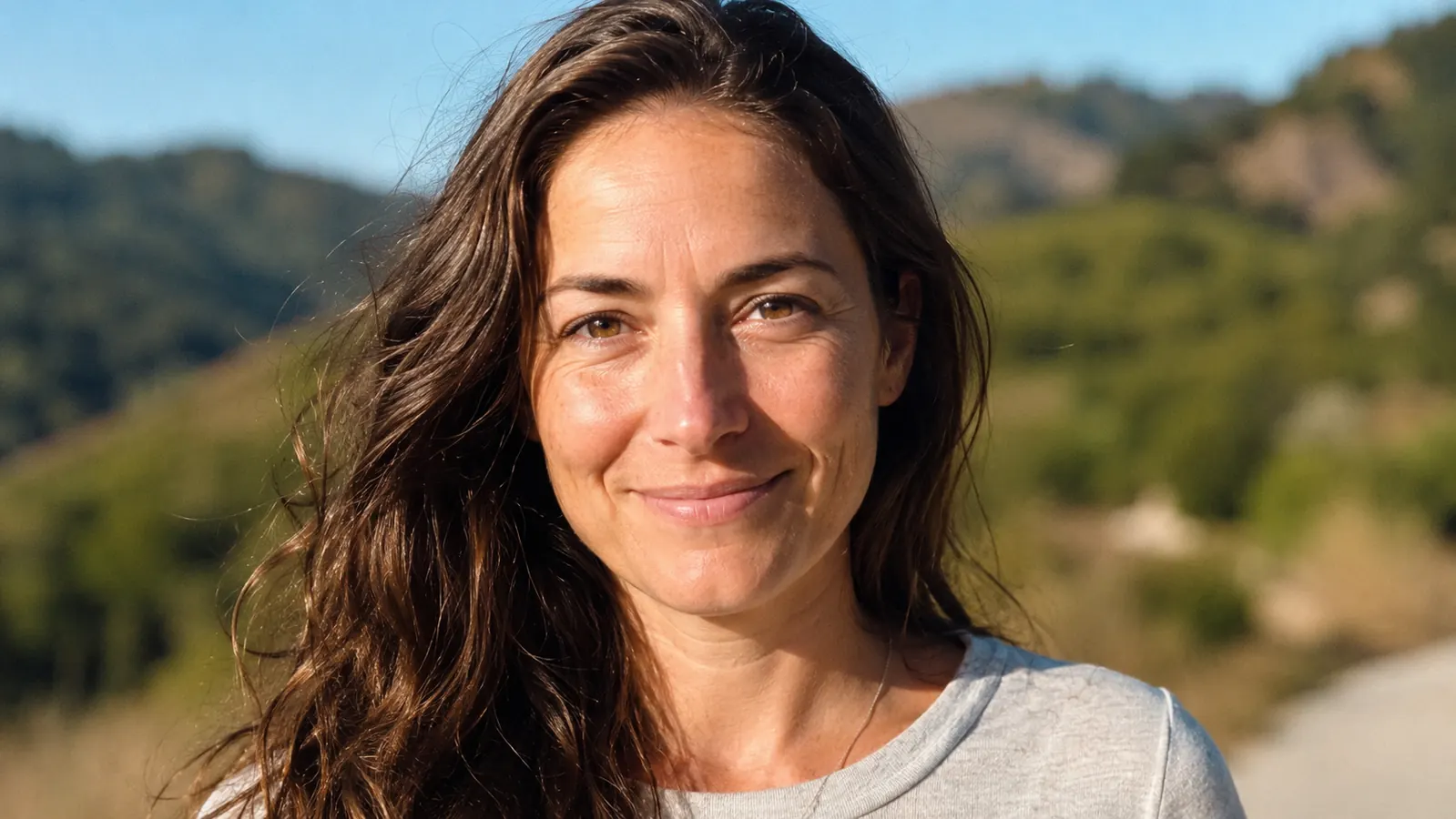 Woman outdoors on a sunny day, skin looking healthy and protected, casual summer setting