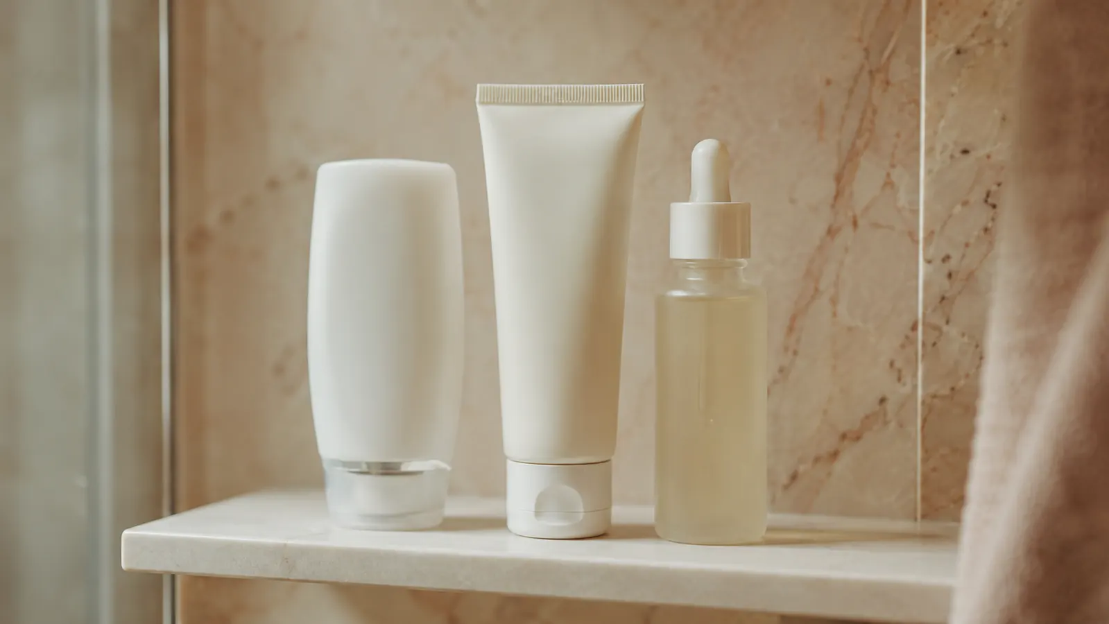 Bathroom shelf with a CeraVe tinted sunscreen tube alongside a moisturizer and a facial SPF stick, showing a typical morning skincare lineup