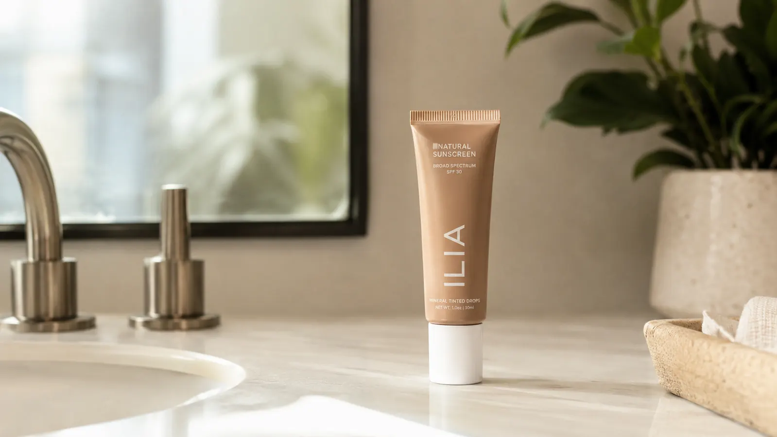 Close-up of a tube of CeraVe Tinted Mineral Sunscreen SPF 30 sitting on a bathroom countertop beside a glass of water, warm morning light through frosted window