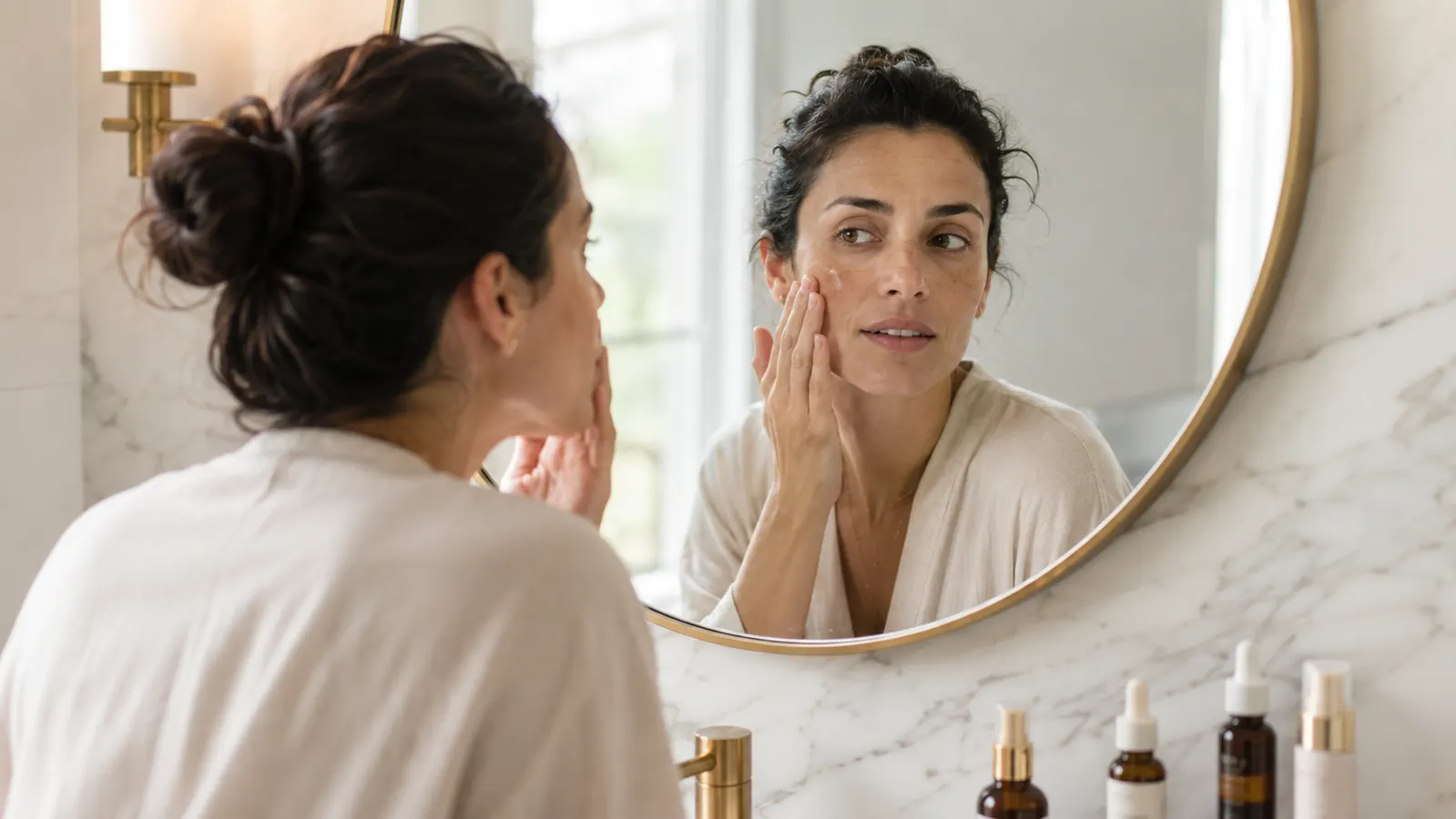 A bright bathroom vanity with skincare serum bottles arranged in warm morning light