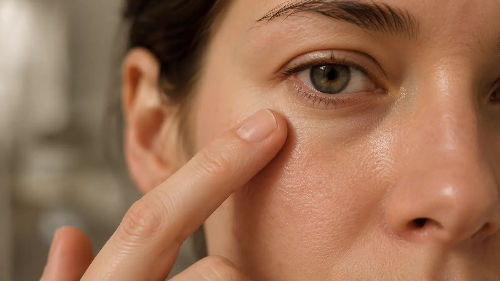 Person gently patting skincare product under their eye in front of a bathroom mirror