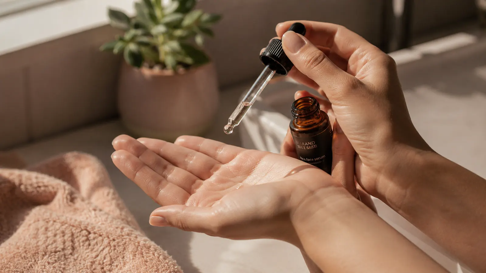 Person applying a few drops of vitamin C serum onto clean skin in a well-lit bathroom mirror