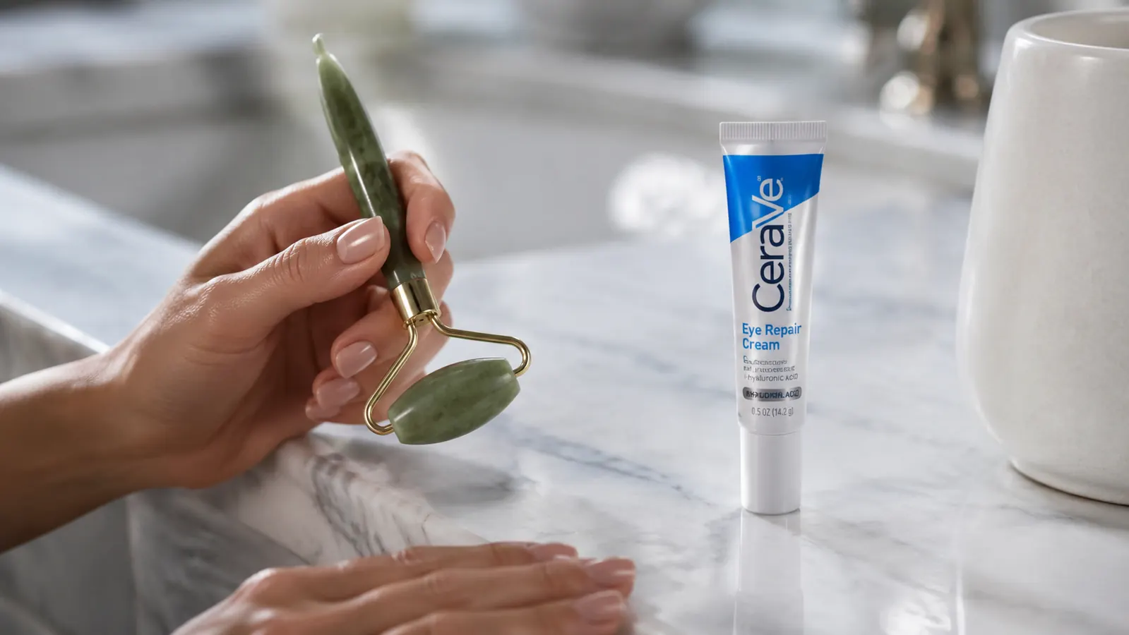 Hand holding a chilled jade roller next to a small tube of CeraVe Eye Repair Cream on a marble bathroom counter