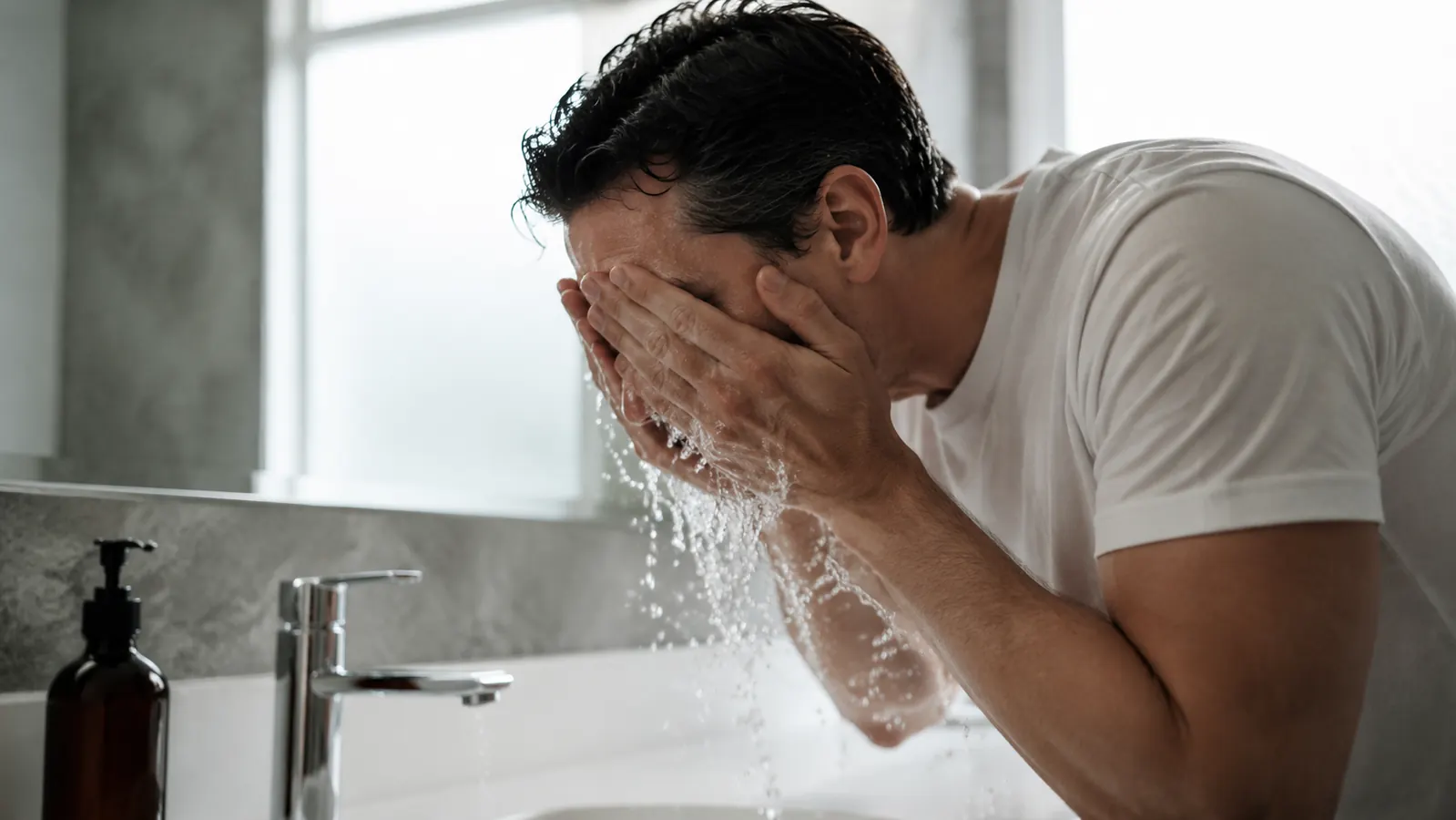 Man splashing cold water on his face at a bathroom sink in the morning