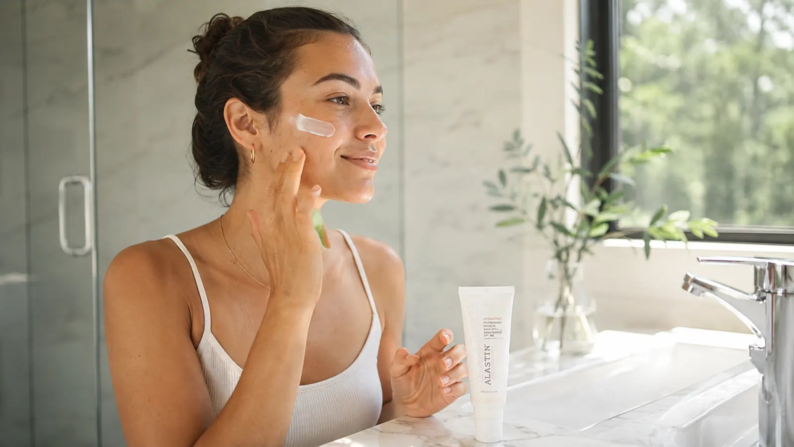 Morning skincare step showing SPF 30 sunscreen being applied to face after retinol night routine, bright daylight bathroom