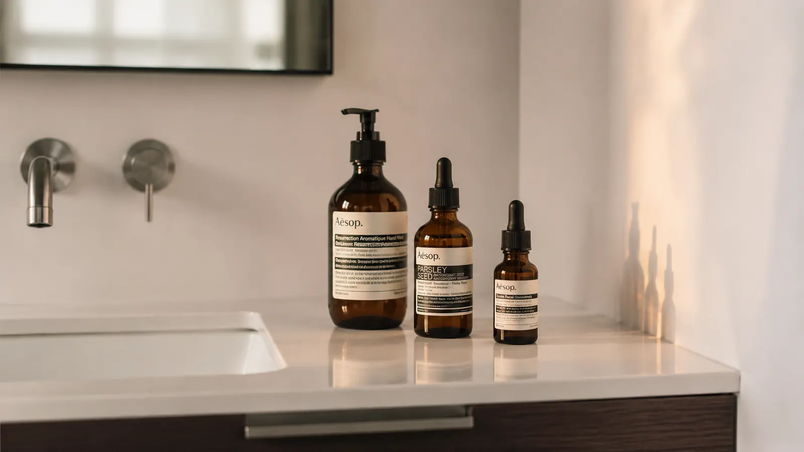 Bathroom vanity with CeraVe Retinol Serum, a plain moisturizer, and SPF 30 sunscreen lined up in a minimalist nightly skincare routine