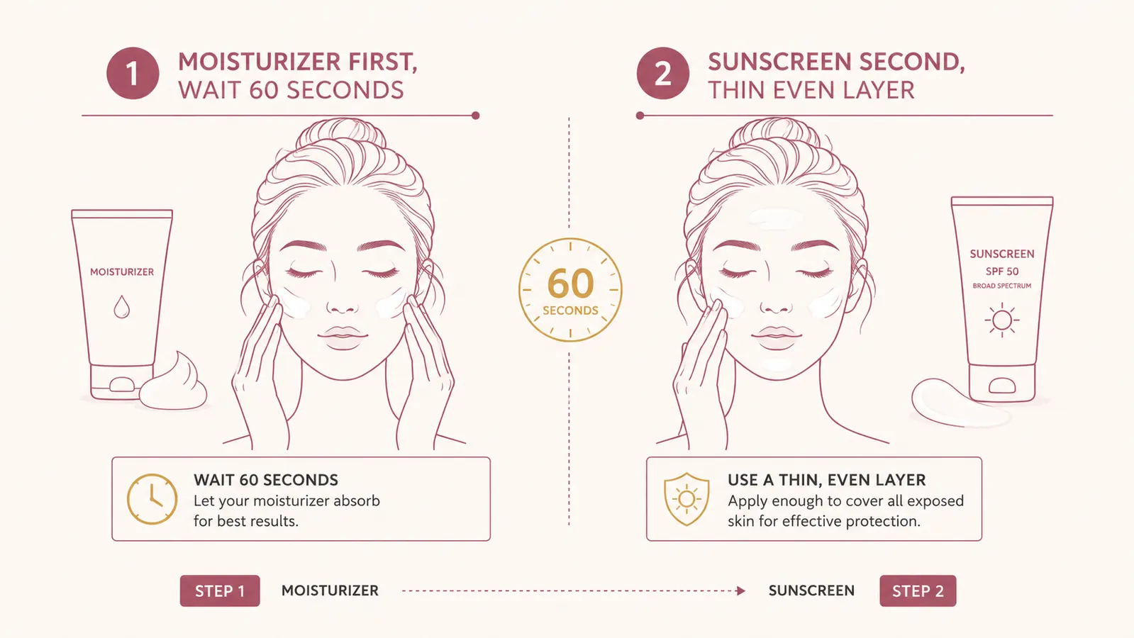 Side-by-side layering diagram showing moisturizer absorbed into skin first then sunscreen applied on top