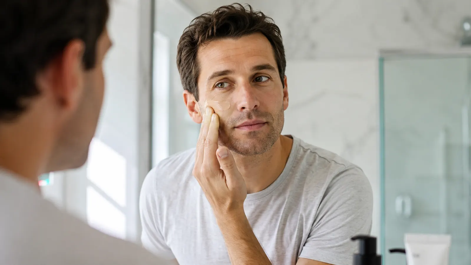 Person applying tinted sunscreen to face in a well-lit bathroom mirror, morning light coming through window