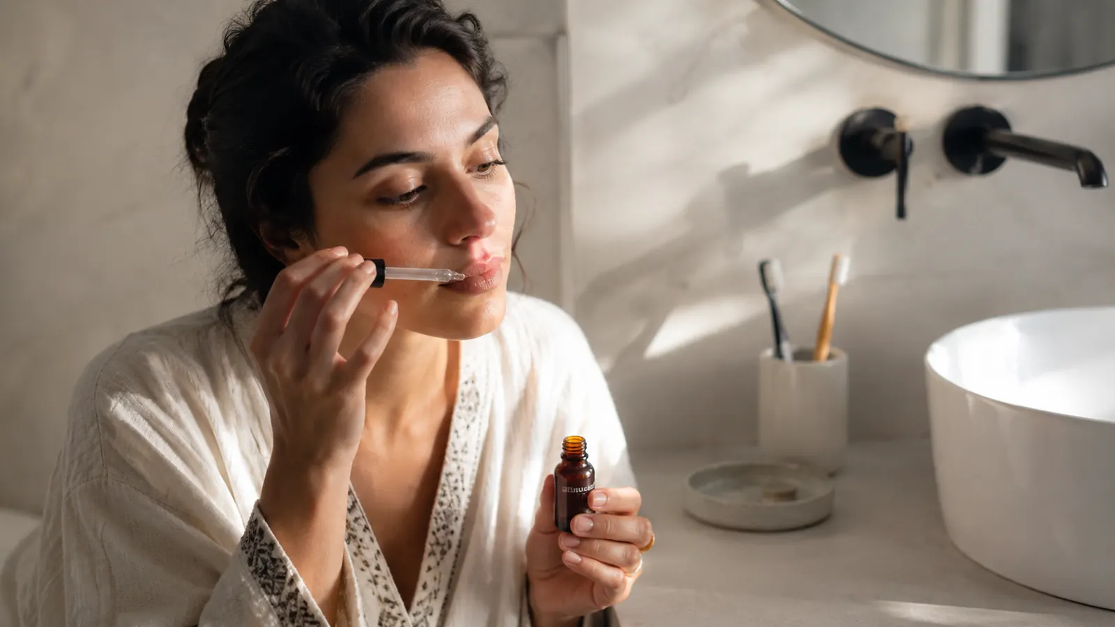 Morning bathroom counter with a small amber serum bottle, soft natural light coming through a frosted window