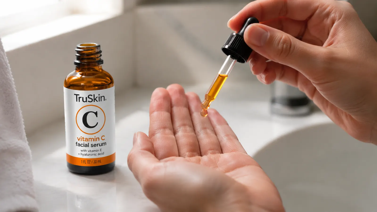 Hand holding TruSkin Vitamin C serum dropper close-up showing amber-tinted serum liquid