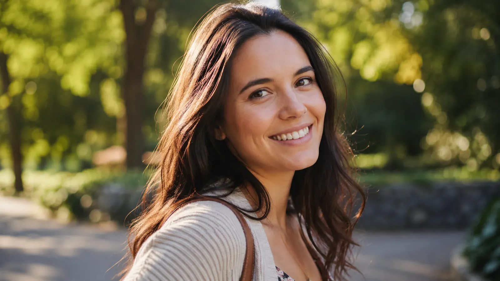 Woman with healthy glowing skin smiling outdoors in soft morning light