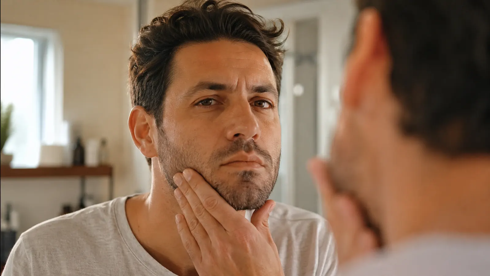 Man examining his skin in bathroom mirror with morning light coming through a frosted window
