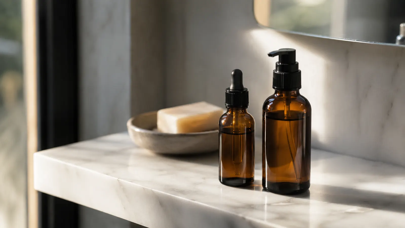 Two vitamin C serum bottles side by side on a white bathroom shelf in morning light