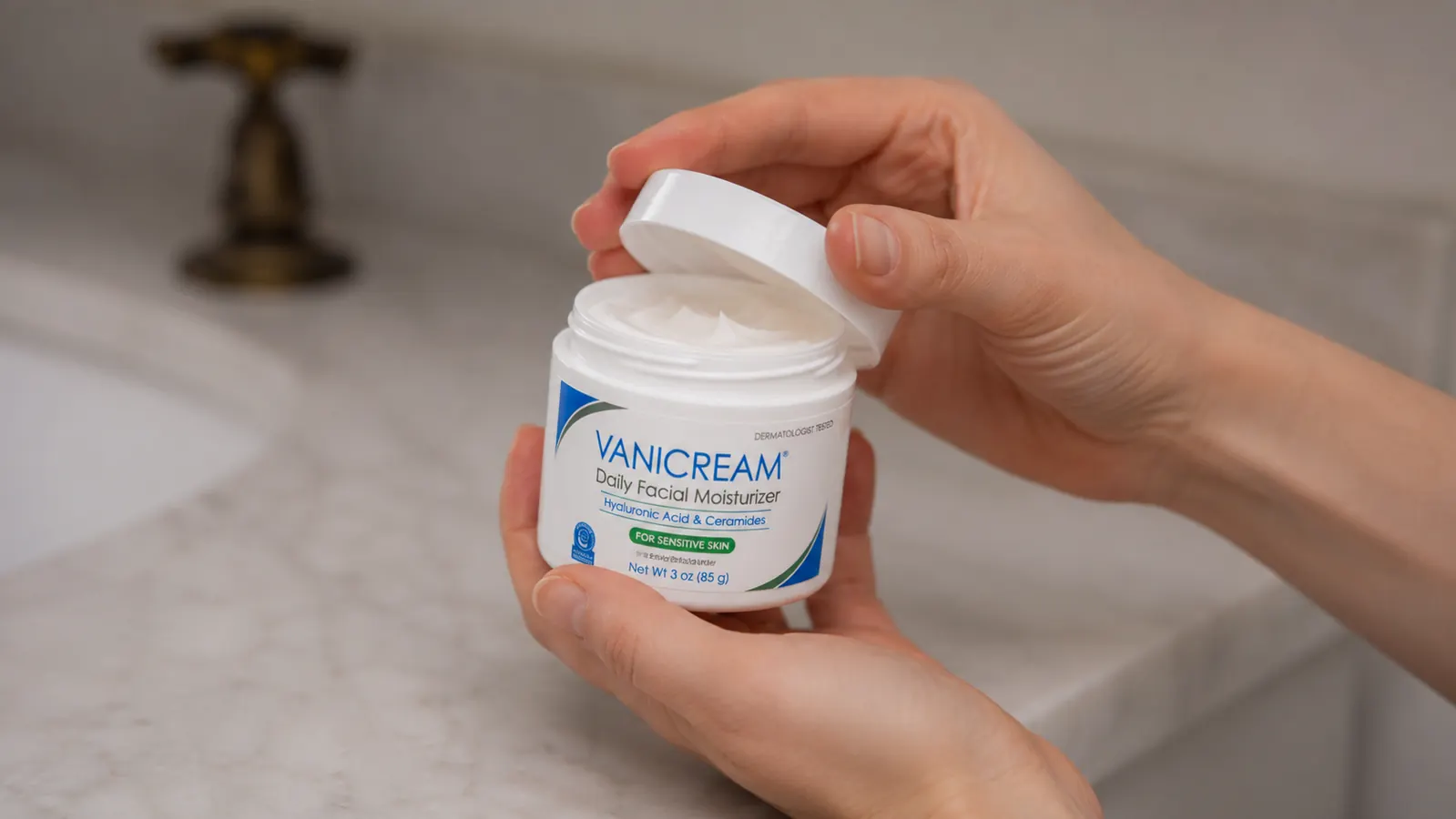 Vanicream Daily Facial Moisturizer jar being opened by a hand, close-up on the white cream texture