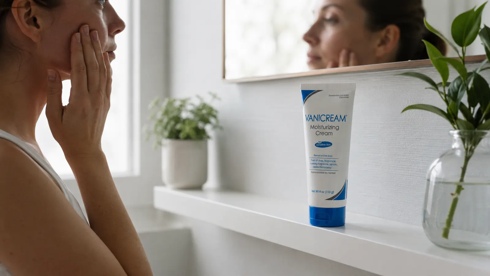 Vanicream Daily Facial Moisturizer tube sitting on a white bathroom shelf next to a simple glass of water