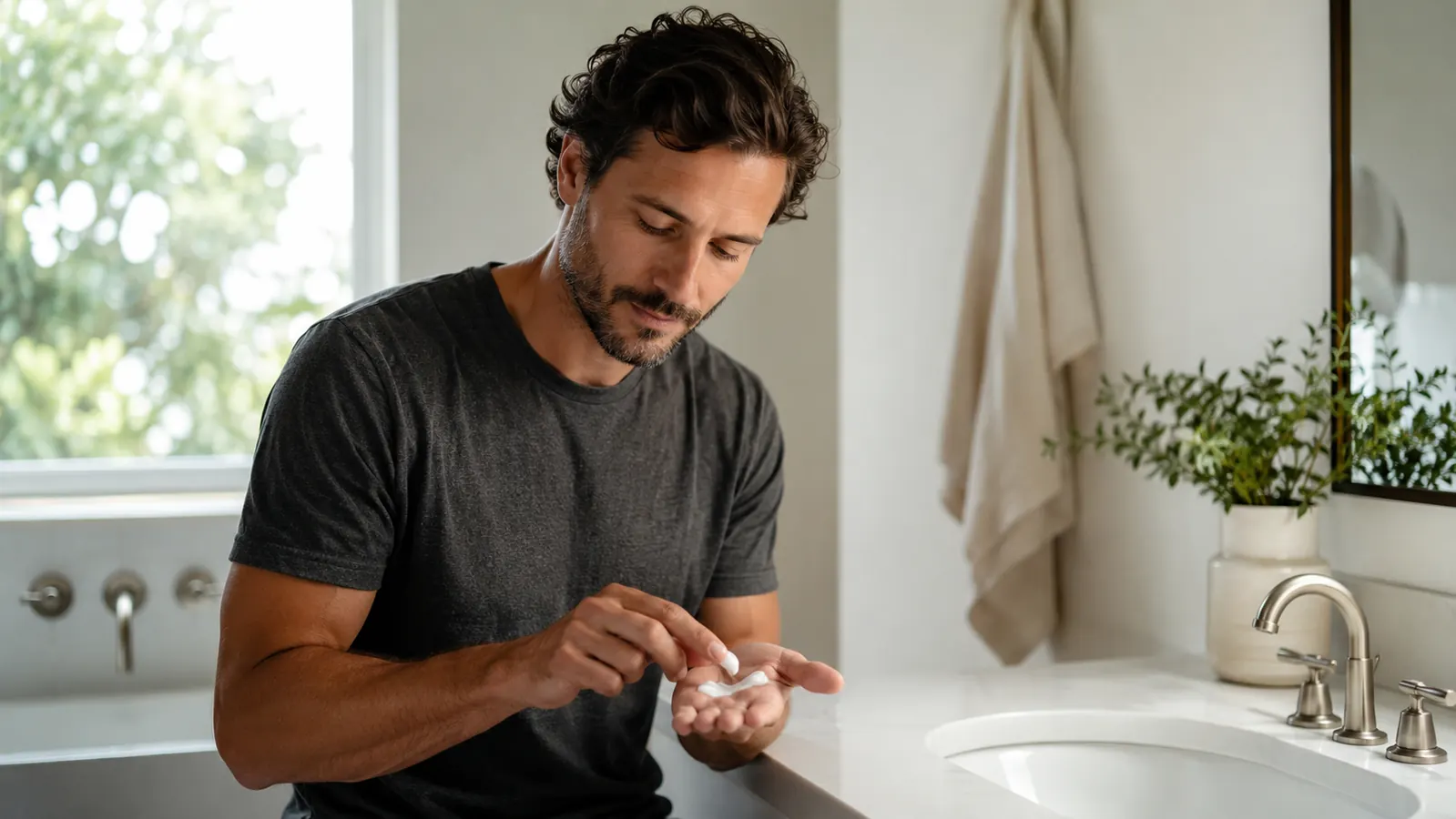 Man applying a pump of white moisturizer to his palm in a bright, minimal bathroom
