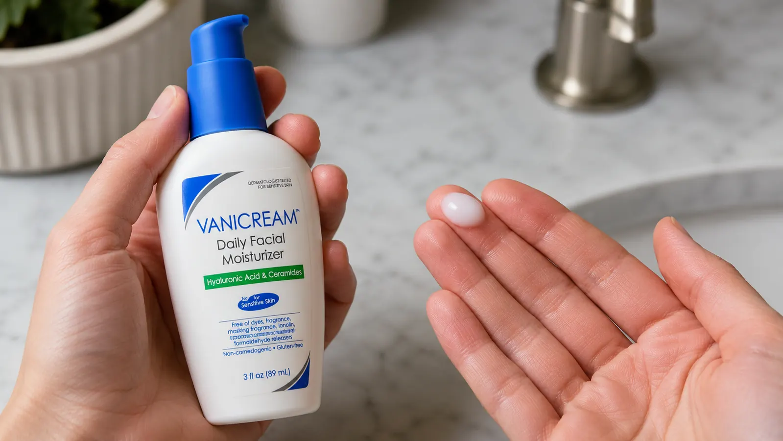 Hand dispensing a small amount of Vanicream Daily Facial Moisturizer onto fingertips, showing its lightweight gel-cream texture