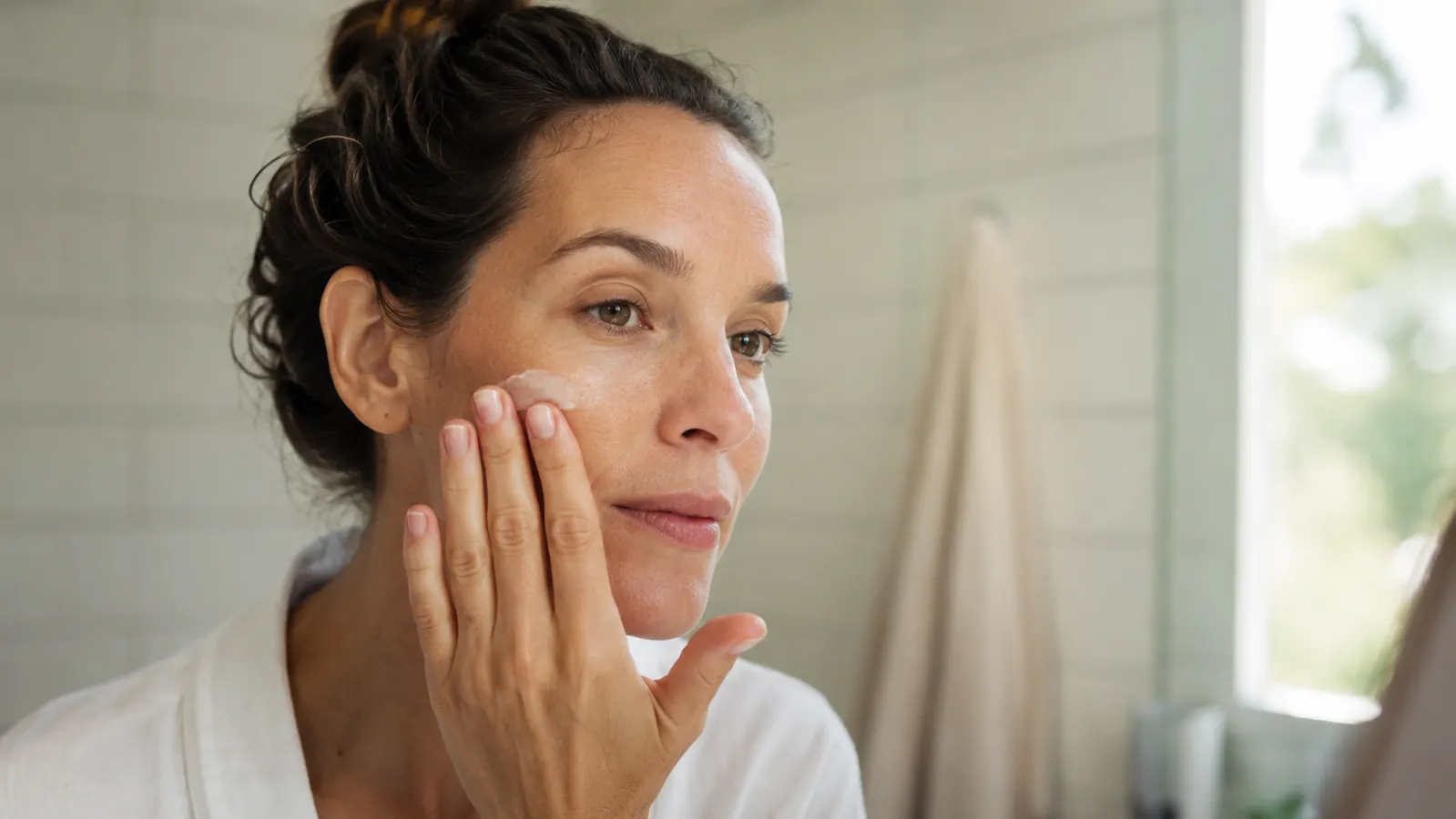 Person applying moisturizer to clean face in a bathroom mirror, looking relaxed and comfortable with morning skincare routine
